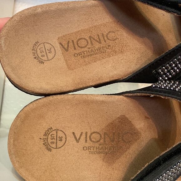 Vionic Afton Black Leather Rhinestones Adjustable Straps ComfortSlip On Sandals - Picture 8 of 11